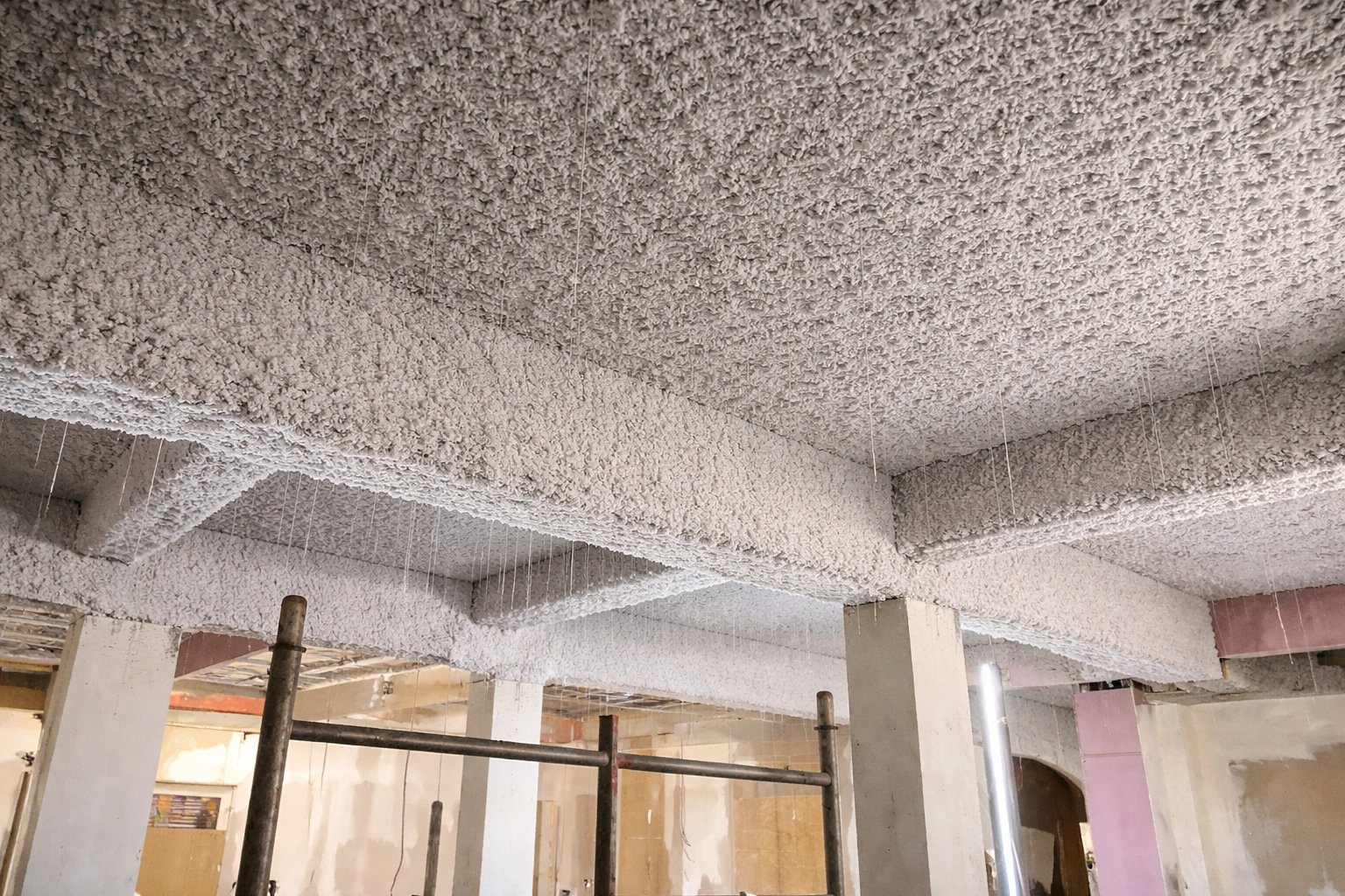 Flocage coupe-feu protection incendie thermique acoustique projection laine minérale parking sous-sol plafond structure métallique REI 30 60 120 Lyon copropriété syndic industriel ERP entreprise RGE certifiée oneiso.fr